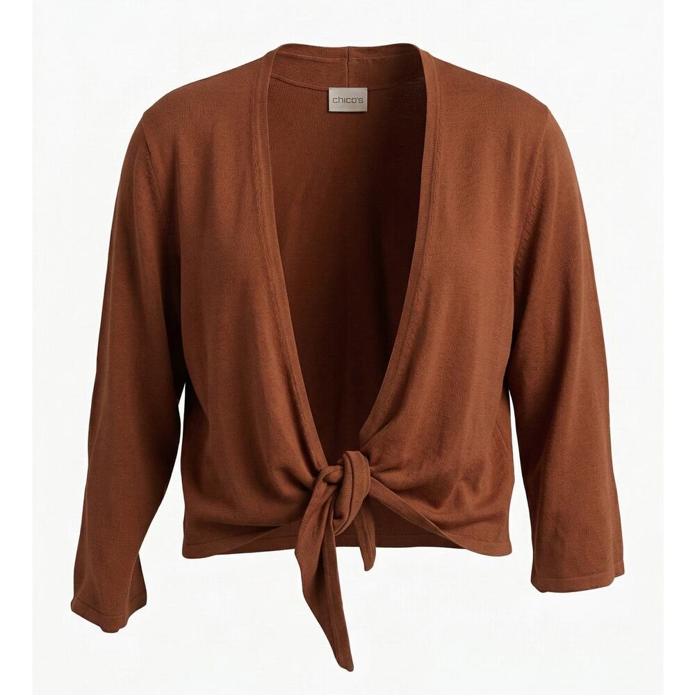 Chico's Women's M Minimalist Quiet Luxury Boho Academia Silk Tie Front Cardigan